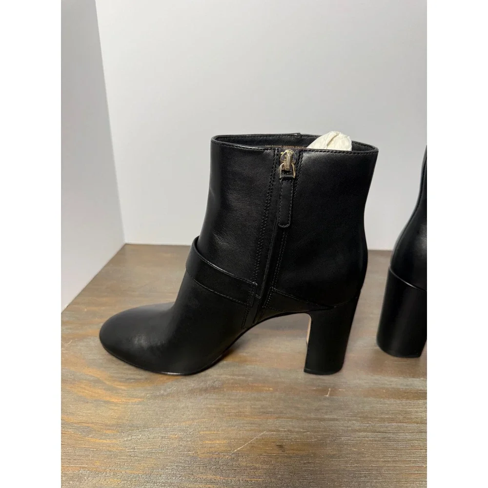 Kate‎ Spade Dakota Leather Zip-Up Booties Block Heel Logo Strap Black 8.5 New